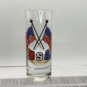 Vintage USA American Flag Tall Shot Glass Clear Patriotic Shooter Barware 2oz